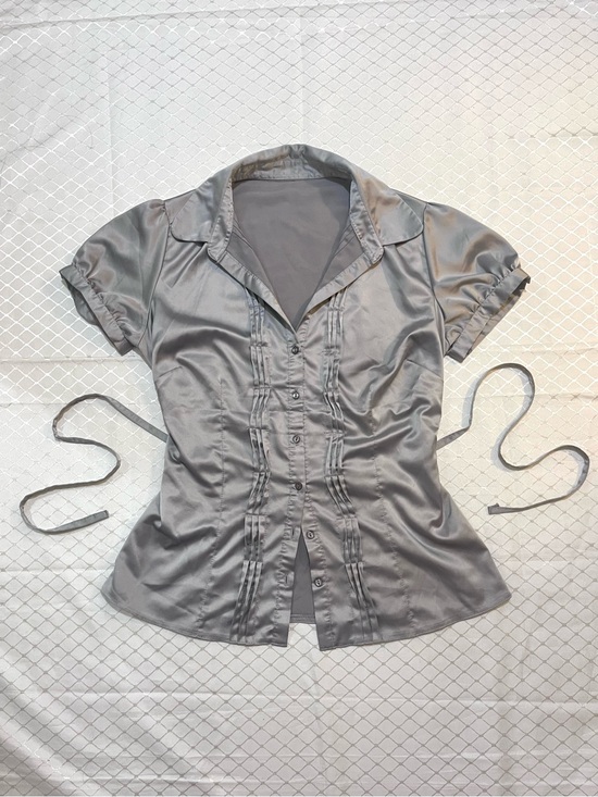 No tag Tops - Sage Green / Silver Satin-like Button-Up Shirt Blouse Top